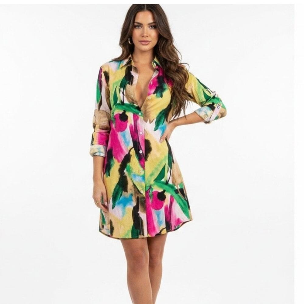 Dana Buchman Watercolor Floral Shirt Mini Dress XS 100% Cotton Button Front